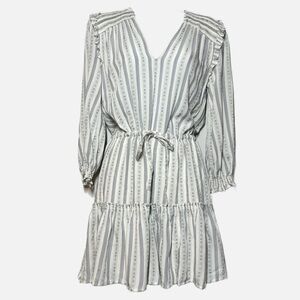 PAIGE bohemian Kaylynn Striped Tie Neck Ruffle Dress in Arona blue white XS